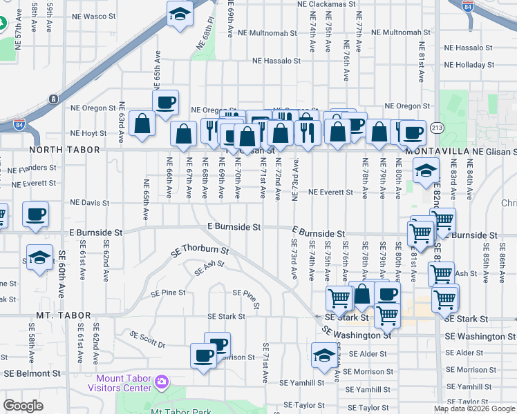 map of restaurants, bars, coffee shops, grocery stores, and more near 7060 Northeast Davis Street in Portland