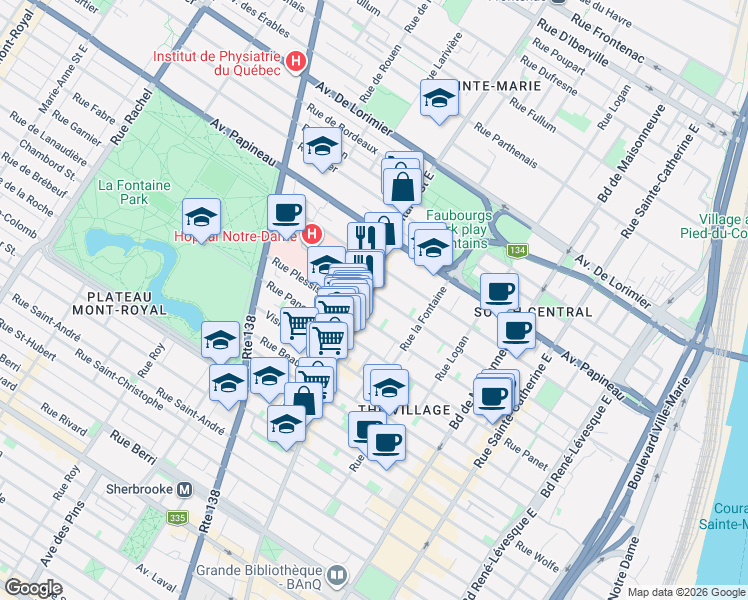 map of restaurants, bars, coffee shops, grocery stores, and more near 1950 Rue Alexandre-DeSève in Montréal