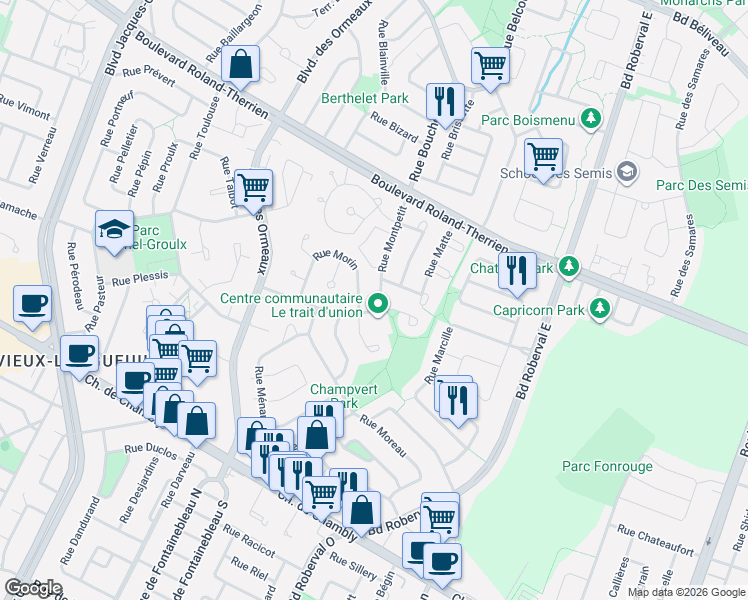 map of restaurants, bars, coffee shops, grocery stores, and more near 537 Rue Montpetit in Longueuil