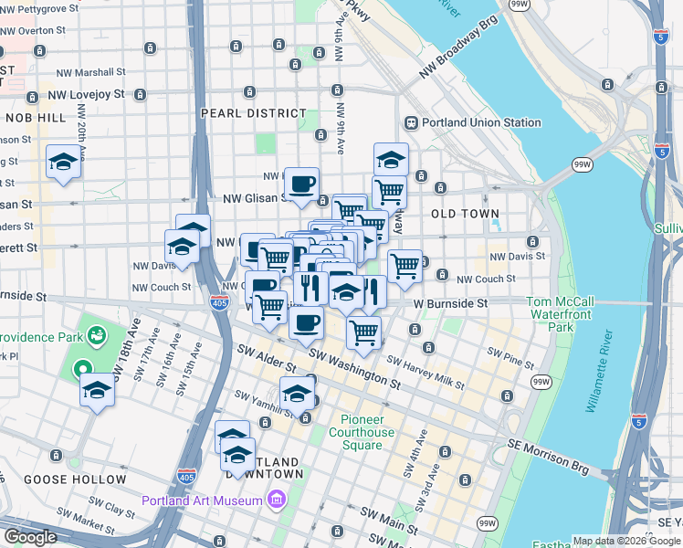 map of restaurants, bars, coffee shops, grocery stores, and more near 135 Northwest 9th Avenue in Portland