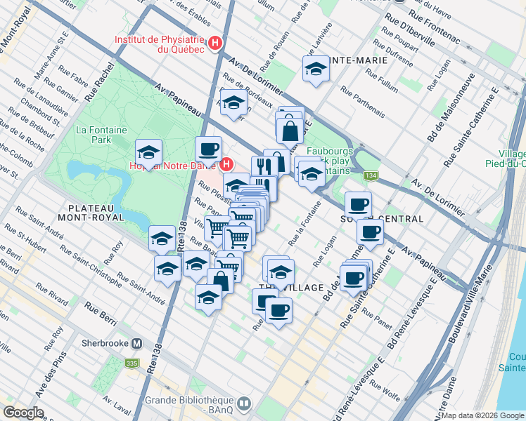 map of restaurants, bars, coffee shops, grocery stores, and more near 1950 Rue Alexandre-DeSève in Montréal