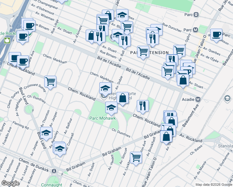 map of restaurants, bars, coffee shops, grocery stores, and more near 350 Avenue Dobie in Mont-Royal