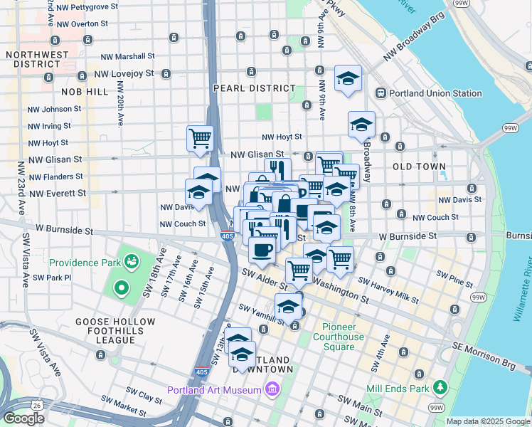 map of restaurants, bars, coffee shops, grocery stores, and more near 123 Northwest 12th Avenue in Portland