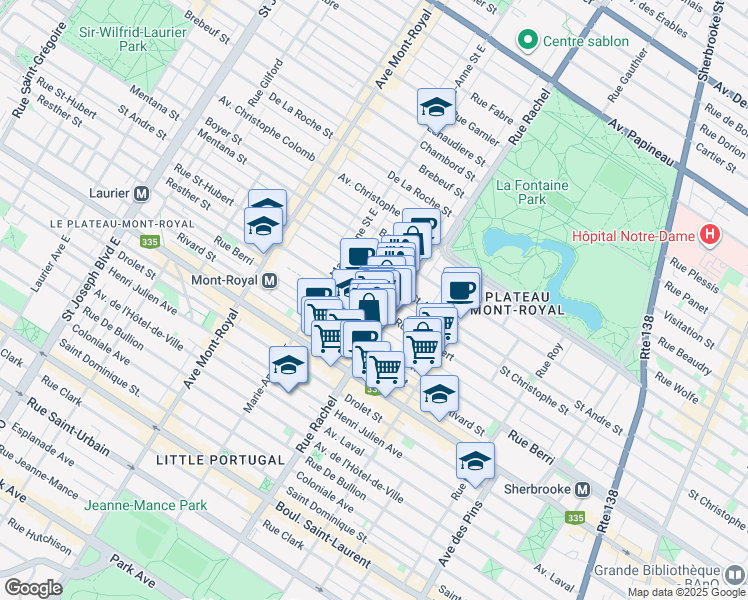 map of restaurants, bars, coffee shops, grocery stores, and more near 4235 Rue Saint-Hubert in Montréal