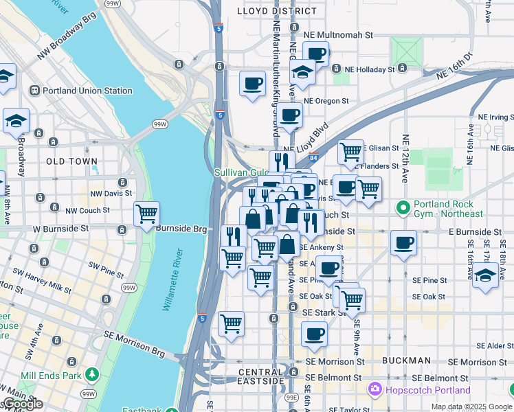 map of restaurants, bars, coffee shops, grocery stores, and more near 123 Northeast 3rd Avenue in Portland