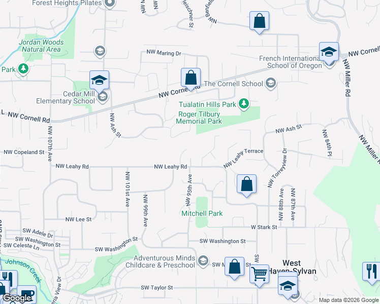 map of restaurants, bars, coffee shops, grocery stores, and more near 9507 Northwest Leahy Road in Portland