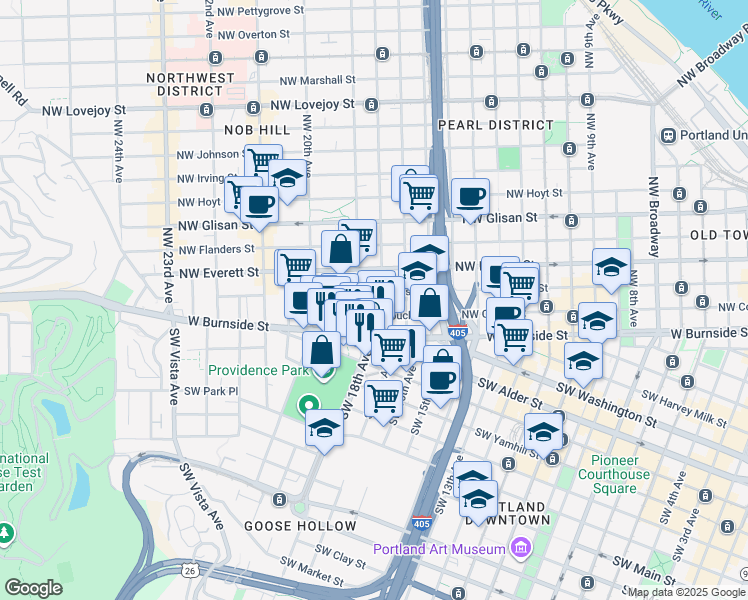 map of restaurants, bars, coffee shops, grocery stores, and more near 133 Northwest 18th Avenue in Portland