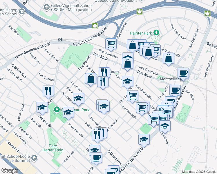 map of restaurants, bars, coffee shops, grocery stores, and more near 1522 Rue Barré in Montréal