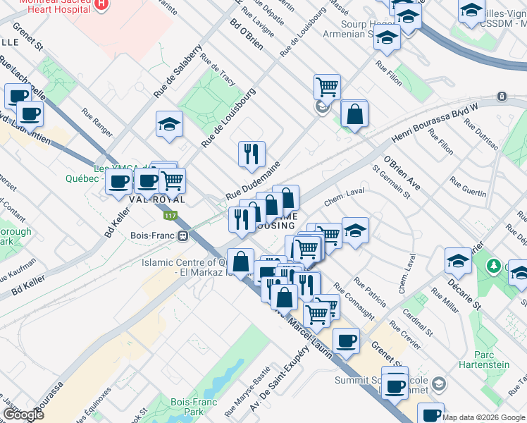 map of restaurants, bars, coffee shops, grocery stores, and more near 4655 Henri Bourassa Boulevard West in Montreal