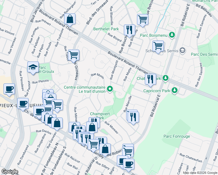 map of restaurants, bars, coffee shops, grocery stores, and more near 537 Rue Montpetit in Longueuil