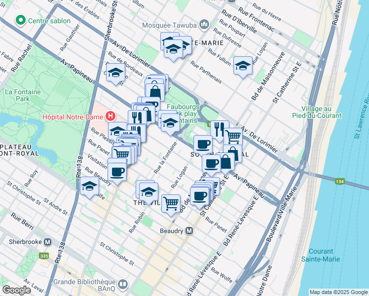 map of restaurants, bars, coffee shops, grocery stores, and more near 1700 Avenue Papineau in Montréal
