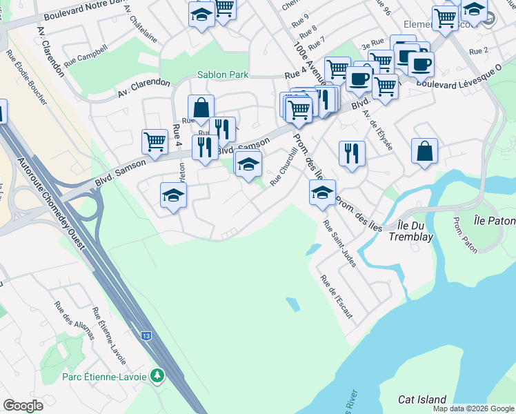 map of restaurants, bars, coffee shops, grocery stores, and more near 253 Rue Bladen in Laval