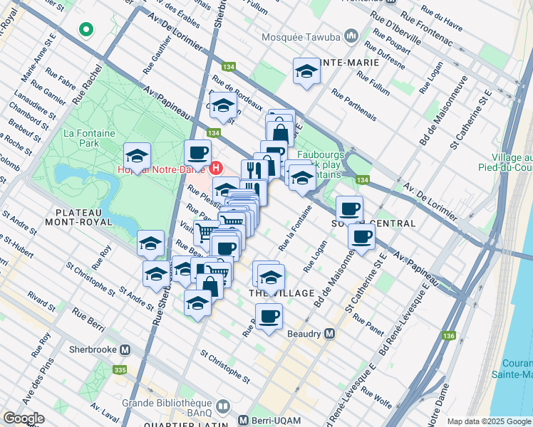 map of restaurants, bars, coffee shops, grocery stores, and more near 1925 Rue Alexandre de Sève in Montreal