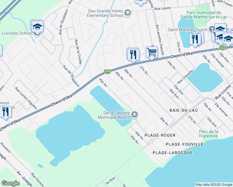 map of restaurants, bars, coffee shops, grocery stores, and more near 123 43e Avenue in Sainte-Marthe-sur-le-Lac