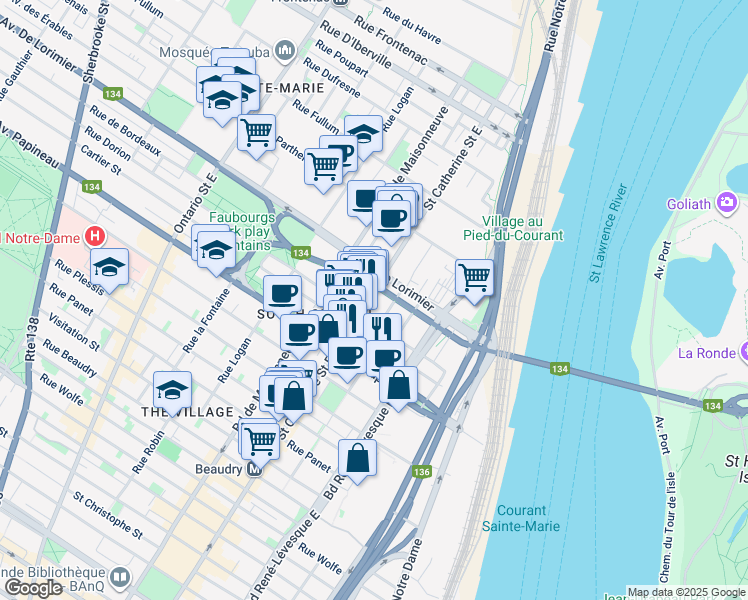 map of restaurants, bars, coffee shops, grocery stores, and more near 1990 Rue Sainte-Catherine Est in Montréal