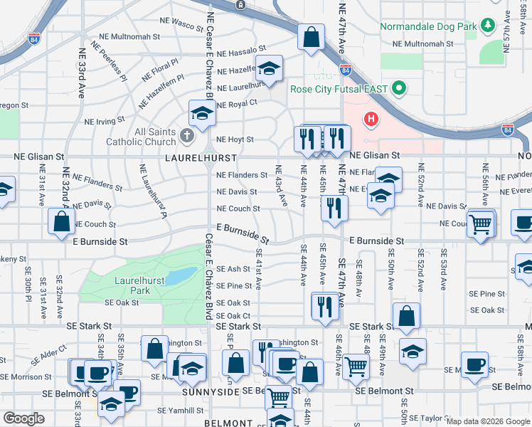 map of restaurants, bars, coffee shops, grocery stores, and more near 97 Northeast Meikle Place in Portland