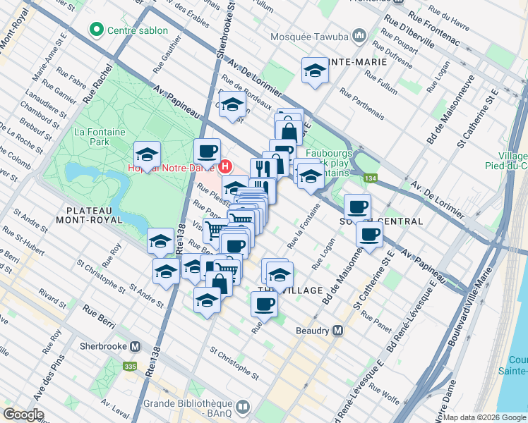 map of restaurants, bars, coffee shops, grocery stores, and more near in Montreal