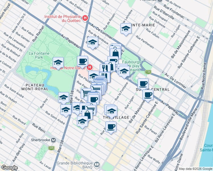 map of restaurants, bars, coffee shops, grocery stores, and more near 1960 Rue Alexandre-DeSève in Montréal