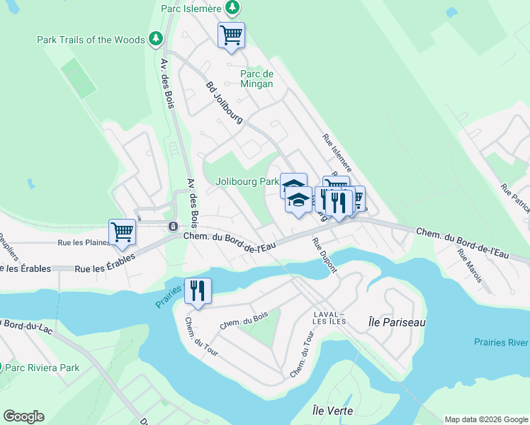 map of restaurants, bars, coffee shops, grocery stores, and more near 1258 Rue du Relais in Laval