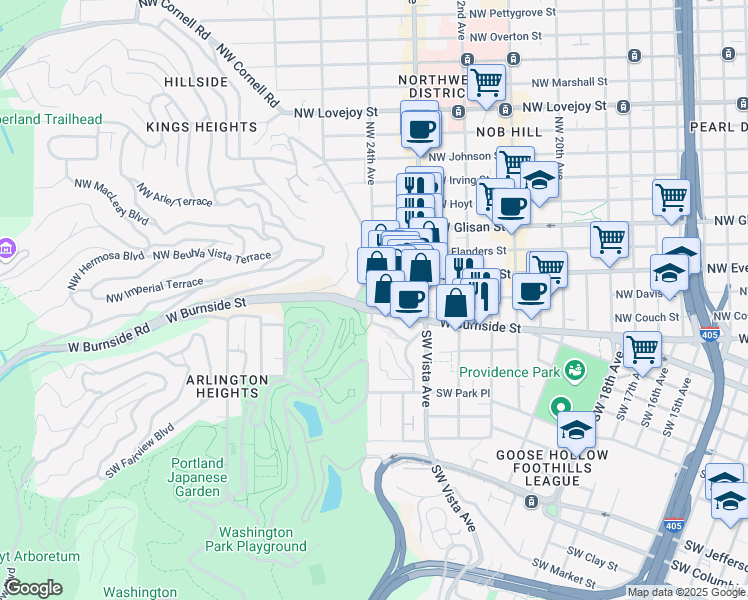 map of restaurants, bars, coffee shops, grocery stores, and more near 25 Northwest 23rd Place in Portland