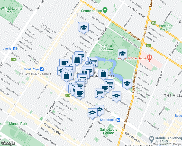 map of restaurants, bars, coffee shops, grocery stores, and more near 969 Avenue Duluth Est in Montréal