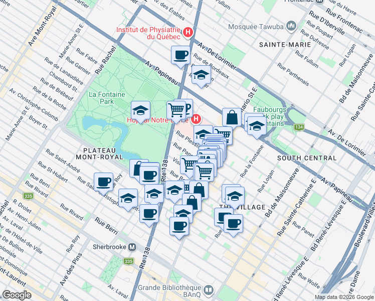 map of restaurants, bars, coffee shops, grocery stores, and more near 2185 Rue Panet in Montréal