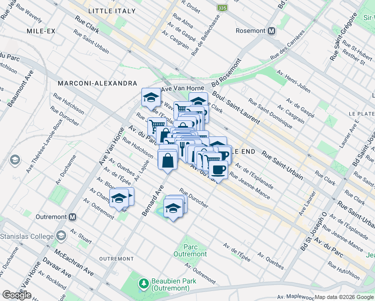 map of restaurants, bars, coffee shops, grocery stores, and more near 5734 Rue Jeanne-Mance in Montréal