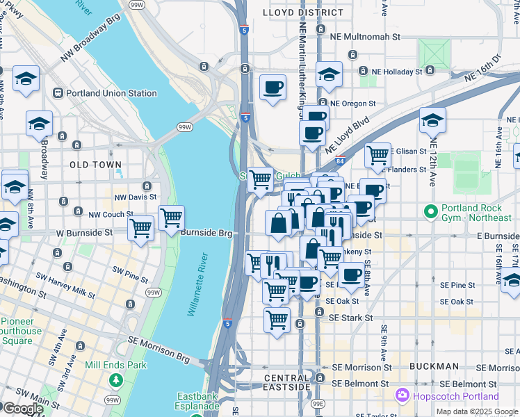 map of restaurants, bars, coffee shops, grocery stores, and more near 201 Northeast 2nd Avenue in Portland