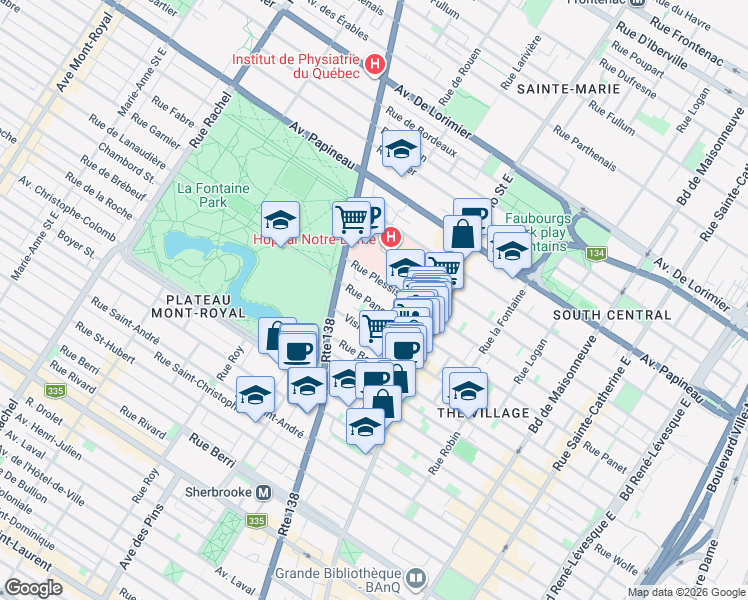 map of restaurants, bars, coffee shops, grocery stores, and more near 2185 Rue Panet in Montréal