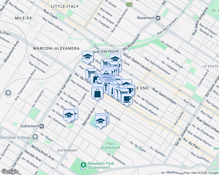 map of restaurants, bars, coffee shops, grocery stores, and more near 5734 Rue Jeanne-Mance in Montréal