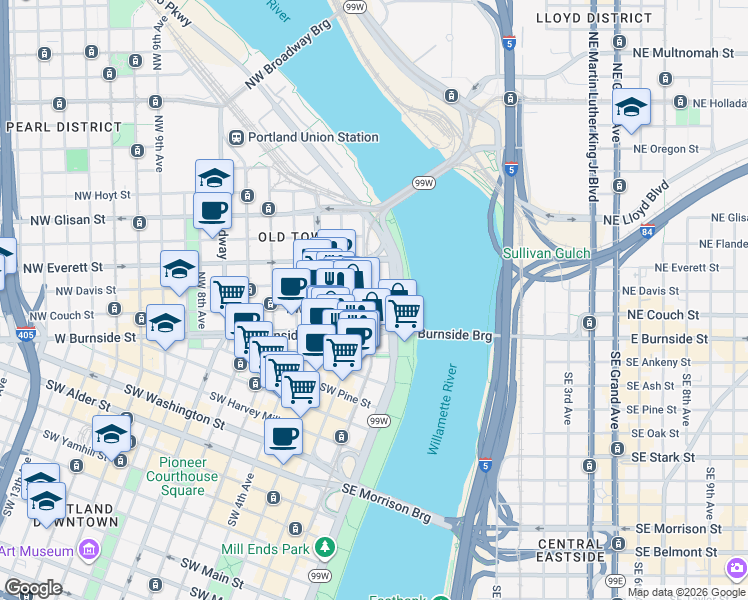 map of restaurants, bars, coffee shops, grocery stores, and more near in Portland