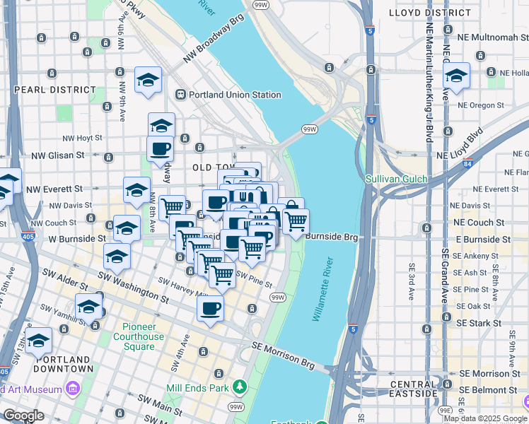 map of restaurants, bars, coffee shops, grocery stores, and more near in Portland