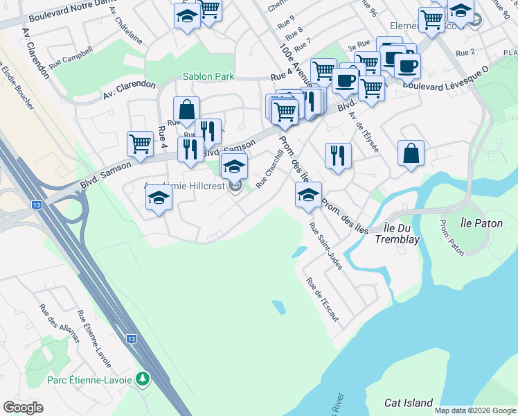map of restaurants, bars, coffee shops, grocery stores, and more near 4990 Boulevard Lévesque Ouest in Laval
