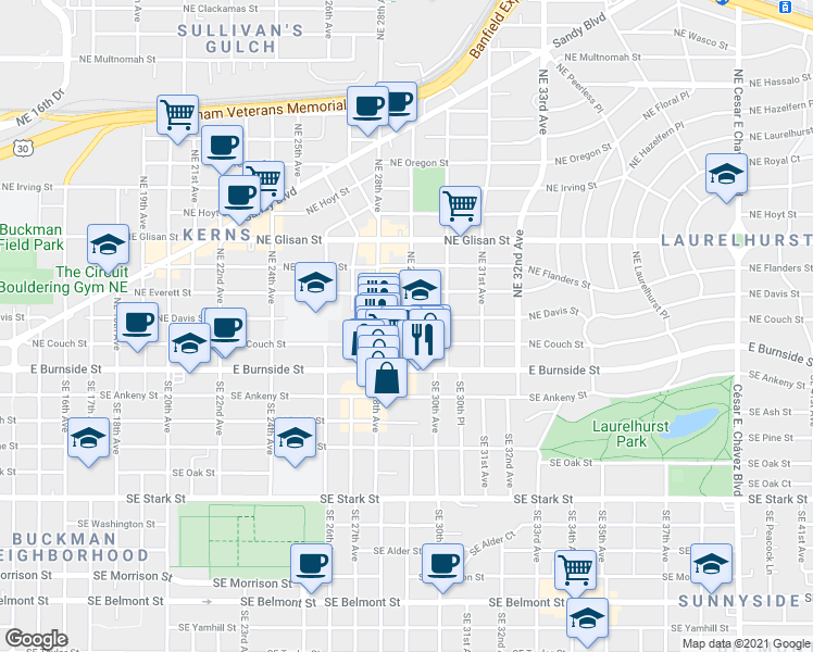 map of restaurants, bars, coffee shops, grocery stores, and more near in Portland