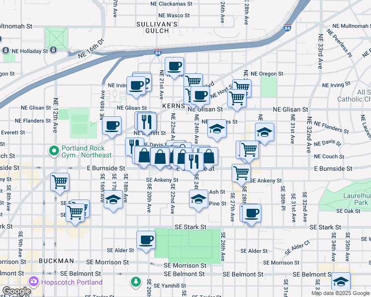 map of restaurants, bars, coffee shops, grocery stores, and more near 2220 Northeast Couch Street in Portland