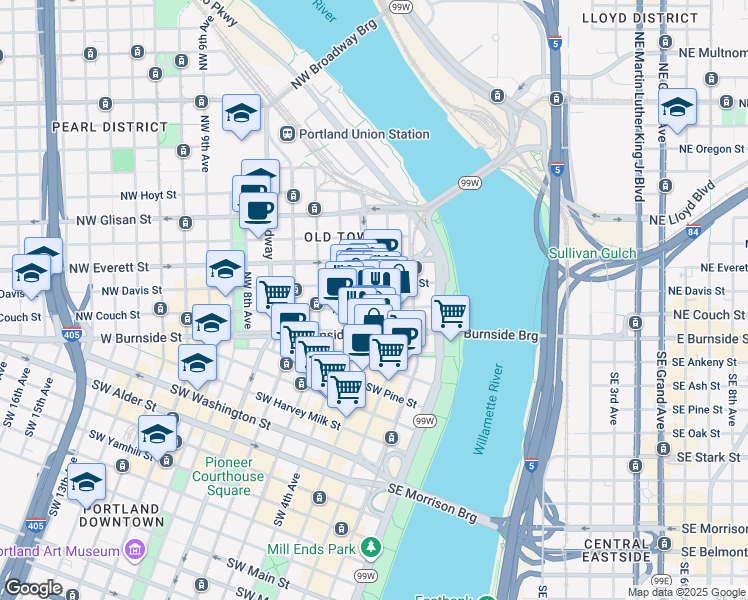 map of restaurants, bars, coffee shops, grocery stores, and more near in Portland