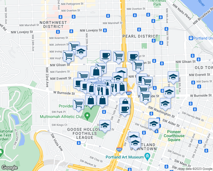map of restaurants, bars, coffee shops, grocery stores, and more near 1806 Northwest Couch Street in Portland