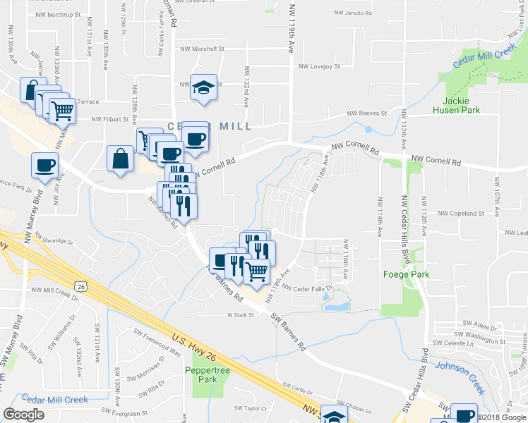 map of restaurants, bars, coffee shops, grocery stores, and more near 580 Northwest 123rd Avenue in Portland