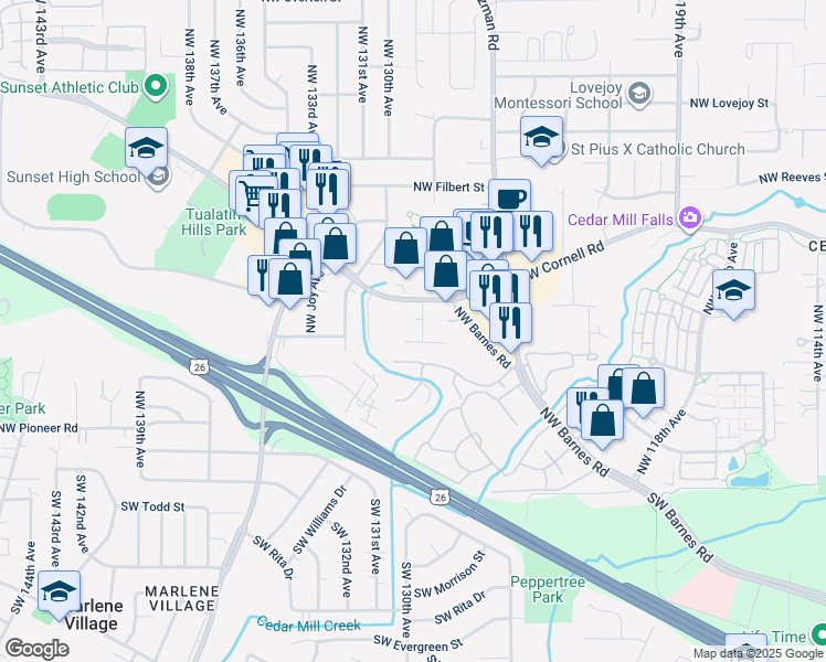 map of restaurants, bars, coffee shops, grocery stores, and more near 12882 Northwest Clement Lane in Portland