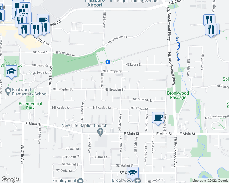 map of restaurants, bars, coffee shops, grocery stores, and more near 261 Northeast 37th Avenue in Hillsboro