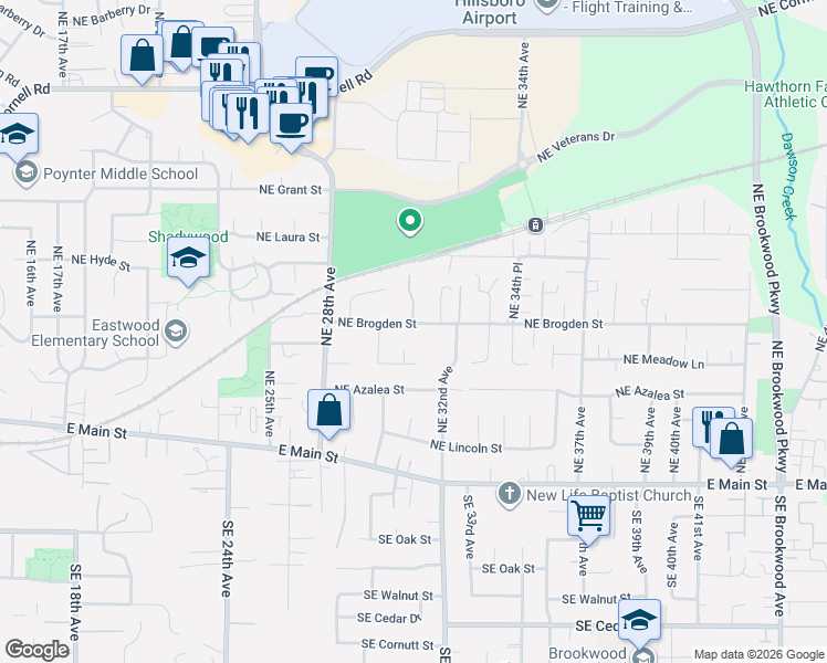map of restaurants, bars, coffee shops, grocery stores, and more near 282 Northeast 32nd Avenue in Hillsboro