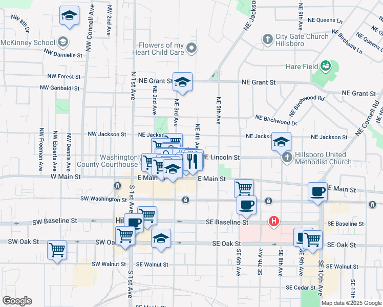 map of restaurants, bars, coffee shops, grocery stores, and more near 372 Northeast Lincoln Street in Hillsboro