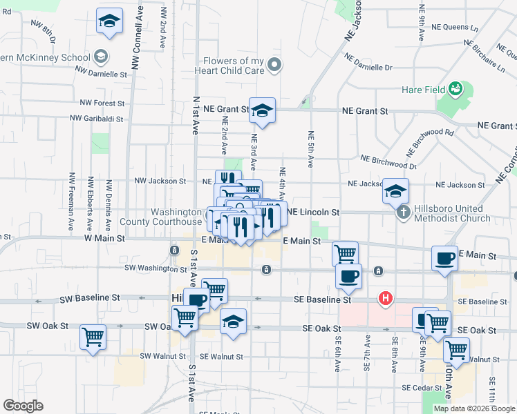 map of restaurants, bars, coffee shops, grocery stores, and more near 171 Northeast 3rd Avenue in Hillsboro