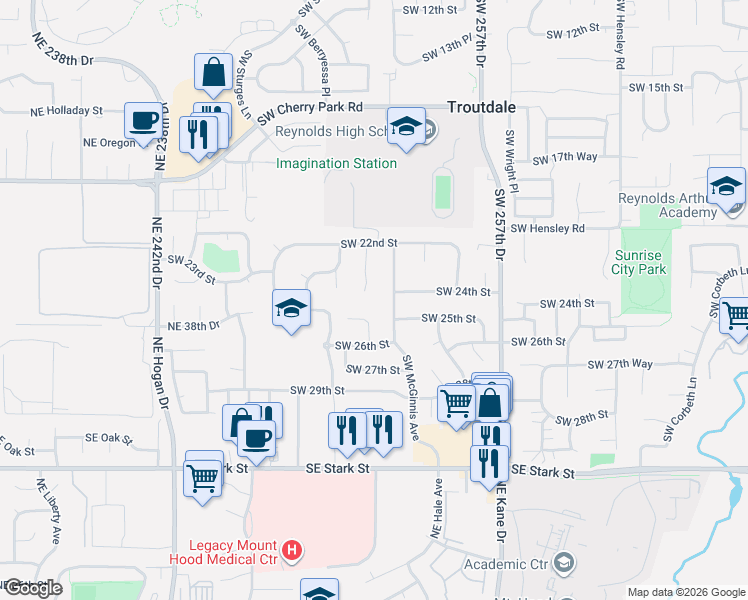 map of restaurants, bars, coffee shops, grocery stores, and more near 2412 Southwest Indian Mary Court in Troutdale