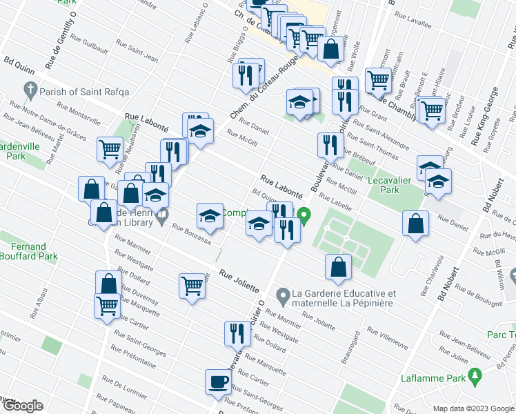 map of restaurants, bars, coffee shops, grocery stores, and more near 1741 Rue Montarville in Longueuil