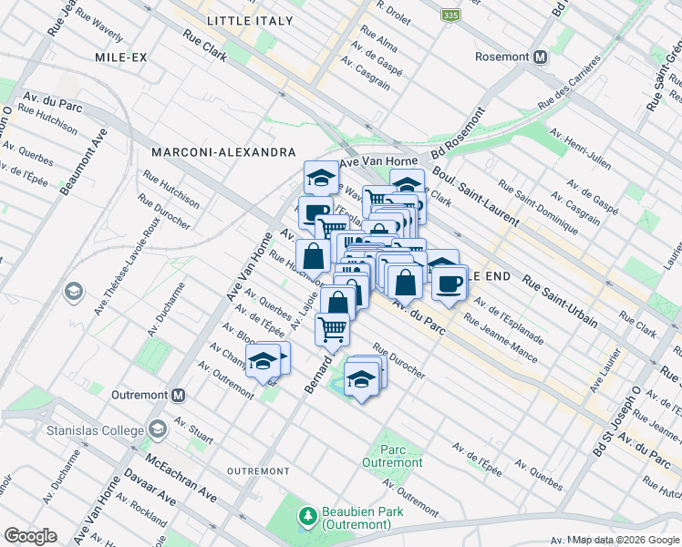 map of restaurants, bars, coffee shops, grocery stores, and more near 5884 Avenue du Parc in Montréal