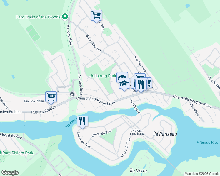 map of restaurants, bars, coffee shops, grocery stores, and more near 1258 Rue du Relais in Laval