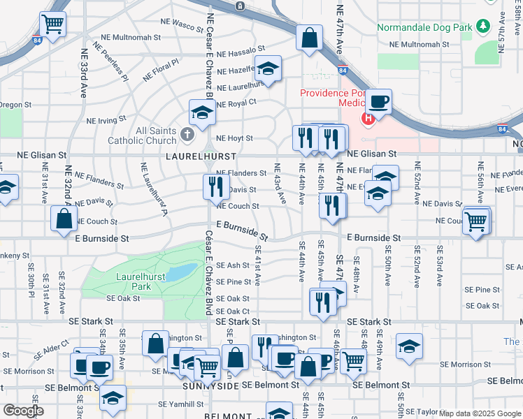 map of restaurants, bars, coffee shops, grocery stores, and more near 97 Northeast Meikle Place in Portland