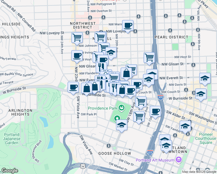map of restaurants, bars, coffee shops, grocery stores, and more near 125 Northwest 20th Place in Portland