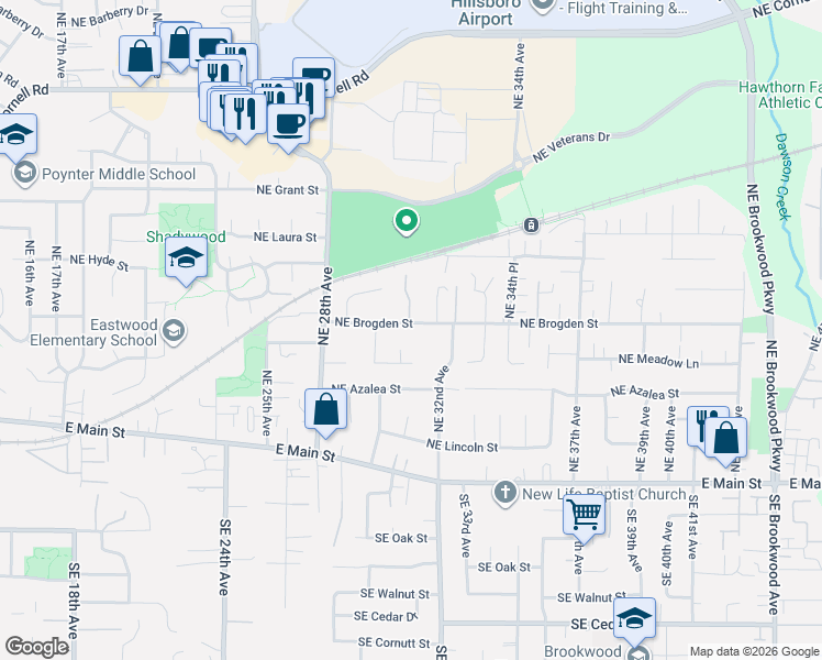 map of restaurants, bars, coffee shops, grocery stores, and more near 282 Northeast 32nd Avenue in Hillsboro